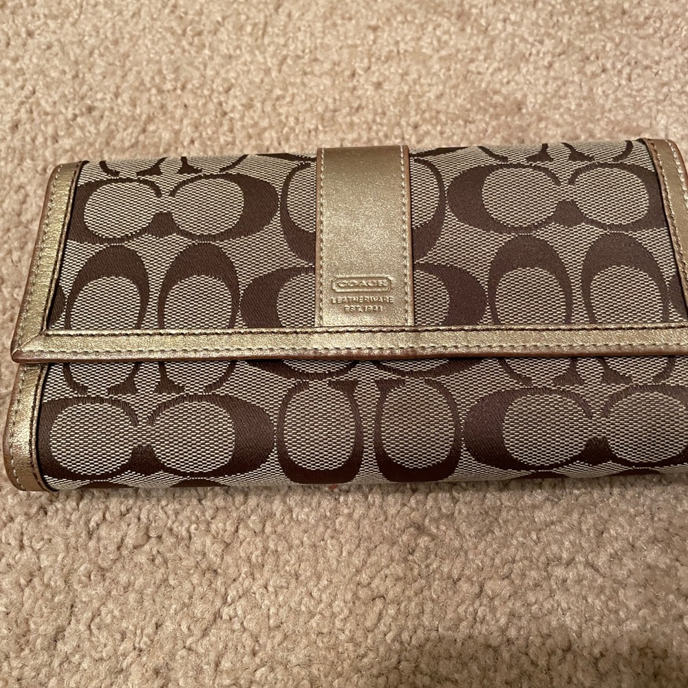 Coach Brown & Tan Signature Checkbook Wallet